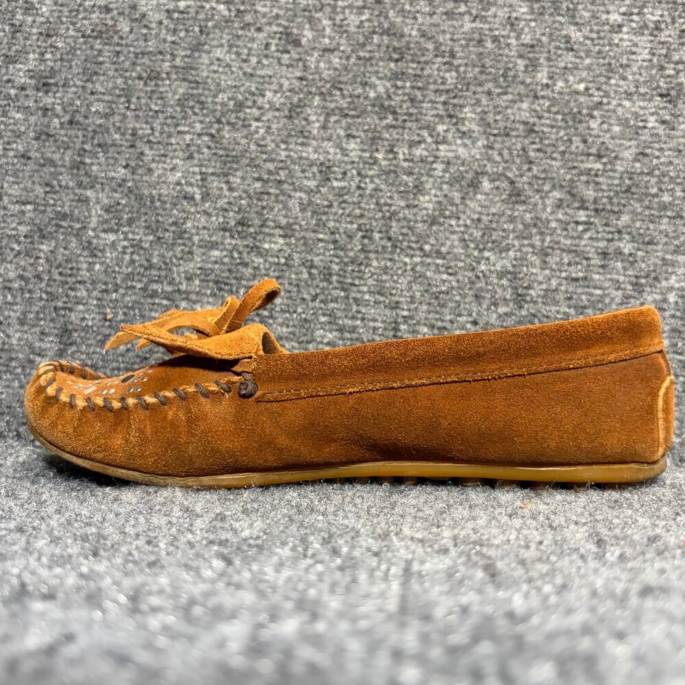 Minnetonka Suede Fringe Moccasin Studded Bow Brown Tlats Shoes Womens 8.5 - Picture 3 of 8